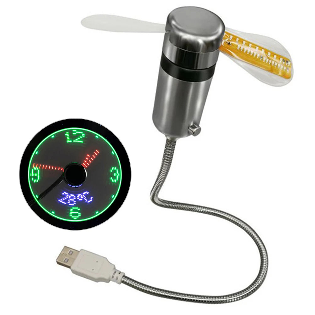 LED Clock Fan Time Temperature Display Mini Cooling Flashing Fan DC 5V Portable Gadgets USB Powered Flexible Gooseneck LED Clock